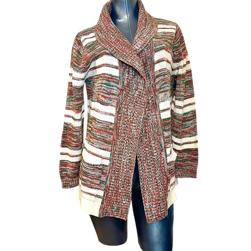 Vintage 1970s Multicolor Knit Cardigan Open Front Nerd Sweater Jacket Acrylic